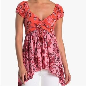 Free People La Bamba Tunic Top Red Hawaiian Sunset Combo